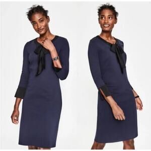 BODEN Navy and Black Josie Satin Trim Tie Neck Ribbed Knit Ponte Dress 6